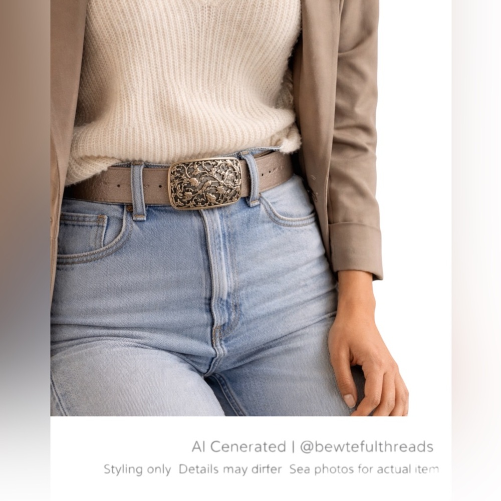 Filigree Buckle Leather Belt Taupe Metallic Italy Leather Et Boîte 34